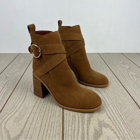 See by Chloé Suede Buckle Ankle Booties 37.5 Tobacco (Tan) & Goldtone Metal $525 - Picture 1 of 9